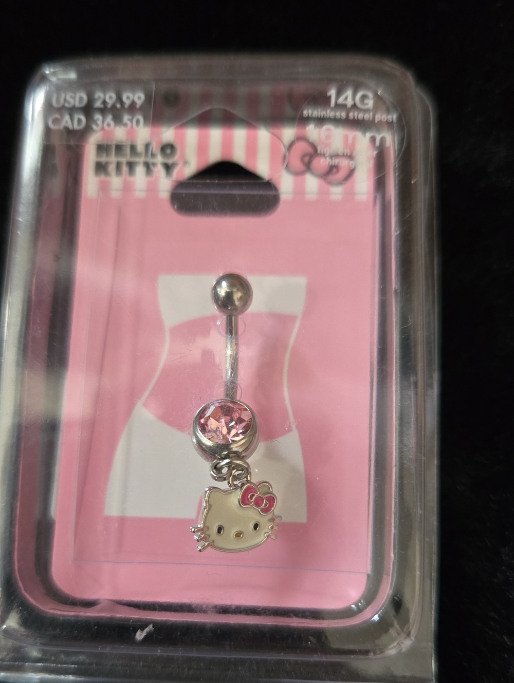 Hello Kitty Pink Gem Dangle Belly Button Ring 14G NWT - Picture 3 of 4